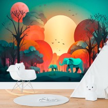 Fotomural o papel pintado elefantes atardecer