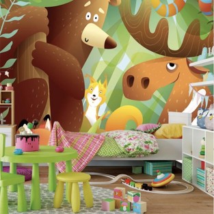 Papel pintado o fotomural dibujos animales en bosque infantil