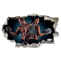Vinilos agujero 3d pareja entrenando gimnasio
