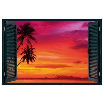 Vinilo efecto ventana 3d palmeras atardecer playa
