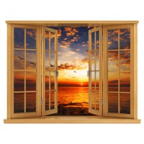 Vinilo efecto ventana 3d atardecer sol mar