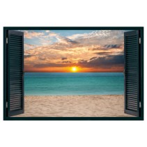 Vinilo efecto ventana 3d puesta de sol en la playa