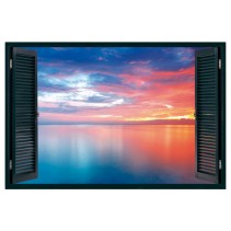 Vinilo efecto ventana 3d atardecer sol en la costa