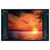 Vinilo efecto ventanas 3d sol atardecer playa