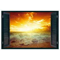 Vinilo ventana 3d sol al atardecer en la playa