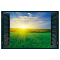 Vinilo ventanas 3d atardecer campo verde