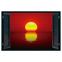 Vinilo efecto ventana 3d sol atardecer mar