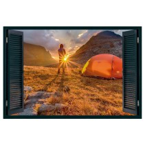 Vinilo ventana 3d acampar en las montañas atardecer