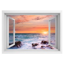 Vinilos ventana 3d atardecer en el mar con rocas