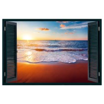 Vinilo ventanas 3d atardecer en la playa