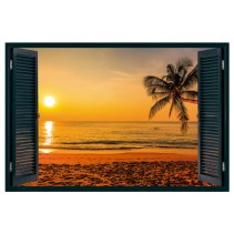 Vinilo efecto ventanas 3d palmera atardecer playa