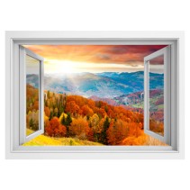 Vinilo ventanas 3d atardecer en las montañas