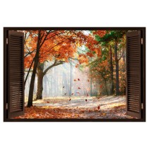 Vinilo efecto ventana 3d árboles carretera otoño