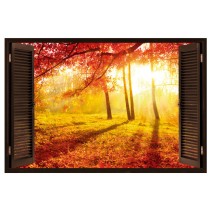 Vinilo ventana 3d árboles  al otoño atardecer