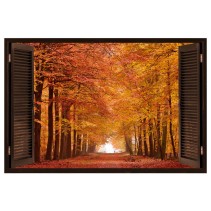 Vinilo ventana 3d camino y árboles otoño