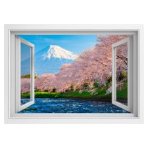 Vinilo ventana 3d monte fuji árboles flor de cerezo