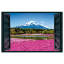 Vinilo ventana 3d monte fuji flores rosas