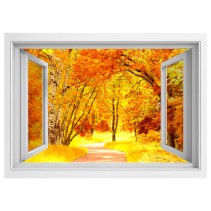 Vinilo ventanas 3d camino y árboles otoño