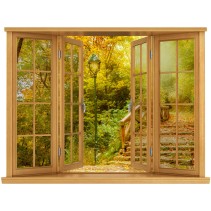 Vinilo ventana 3d puente y árboles otoño