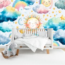 Fotomural o papel pintado infantil arcoiris sol acuarela