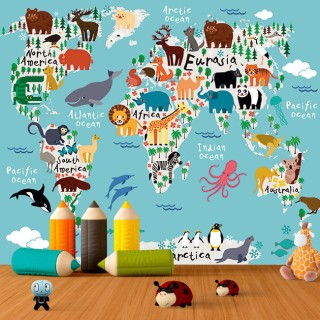 Fotomural mapamundi infantil ilustracion animales