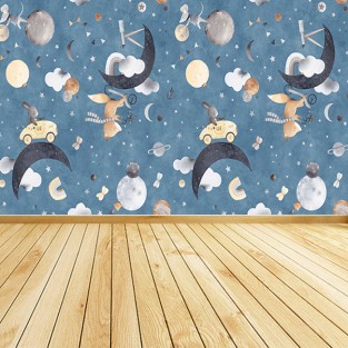 Fotomural o papel pintado acuarela patron animalitos y luna