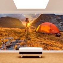 Fotomural camping al atardecer en las montañas