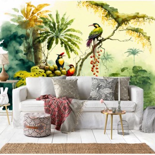 Fotomural o papel pintado acuarela plantas y aves tropicales