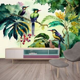 Fotomural o papel pintado aves bosque tropical acuarela
