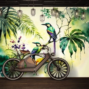 Fotomural o papel pintado árboles y aves tropical acuarela