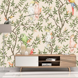 Fotomural o papel pintado aves tropicales en arbol