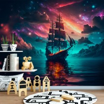 Fotomural o papel pintado barco en fuego en noche estrellada