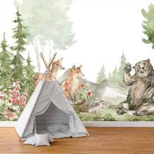 Fotomural o papel pintado bosque con animales acuarela Fotomural o papel pintado bosque con animales acuarela