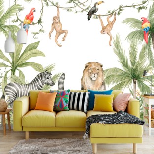 Fotomural o papel pintado de selva tropical animales estilo acuarela