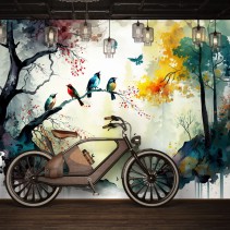 Fotomural ilustración paisaje acuarela árboles y aves