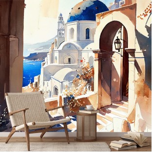 Fotomural o papel pintado dibujo acuarela paisaje isla griega