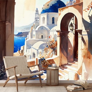 Fotomural o papel pintado dibujo acuarela paisaje isla griega
