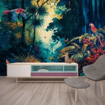 Fotomural o papel pintado acuarela selva tropical con guacamayos