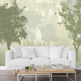 Fotomural o papel pintado dibujo bosque y grullas