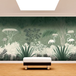 Fotomural estilo vintage flamingos plantas