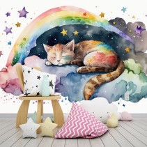 Fotomural infantil gato mágico con estrellas y arcoiris