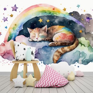 Fotomural infantil gato mágico con estrellas y arcoiris