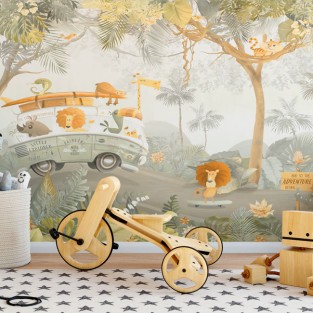 Fotomural o papel pintado dibujo infantil animales en furgoneta Fotomural o papel pintado dibujo infantil animales en furgoneta