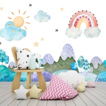 Fotomural  infantil collage acuarela montañas cielo estrellas y arcoíris