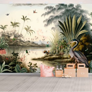 Fotomural o papel pintado dibujo lago aves y montañas