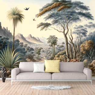 Fotomural o papel pintado dibujo paisaje aves bosque y montañas
