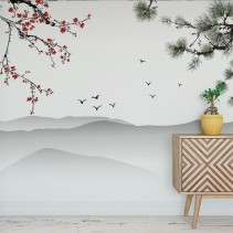 Fotomural o papel pintado paisaje montañas aves y flores de cerezo