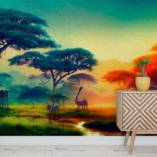 Fotomural o papel pintado paisaje sabana atardecer con animales