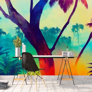 Fotomural o papel pintado dibujo paisaje tropical colorido