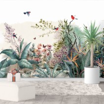 Fotomural o papel pintado vintage flores y aves tropicales